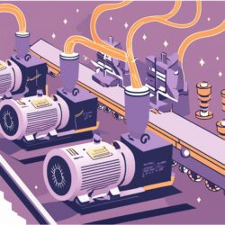 Illustration en dessin d'une chaine d'assemblage en production avec des véhicules autonomes dans l'usine, des ventilateurs et des pompes - généré par l'IA